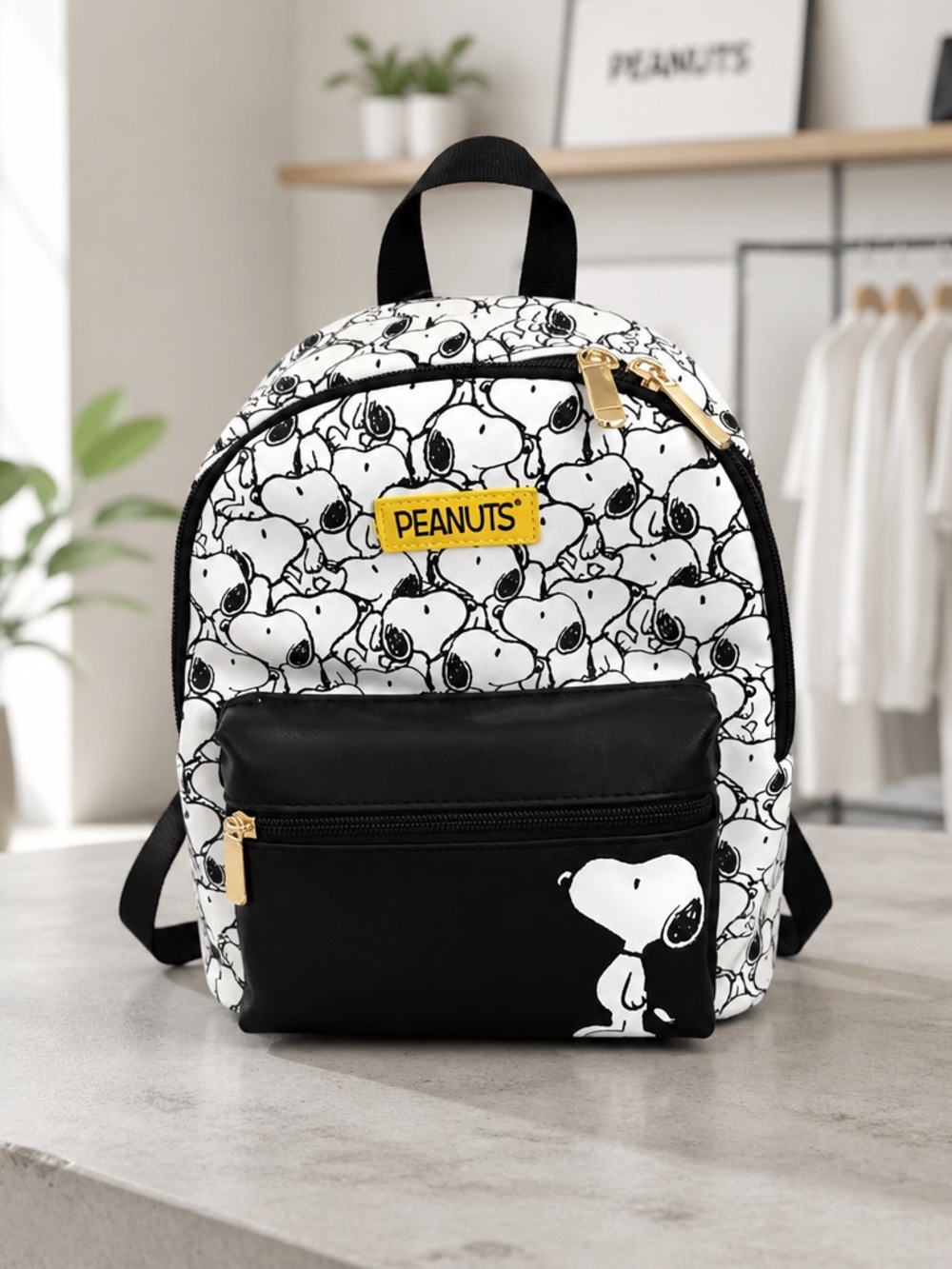 Peanuts Snoopy Black & White Mini Backpack Gold Accents